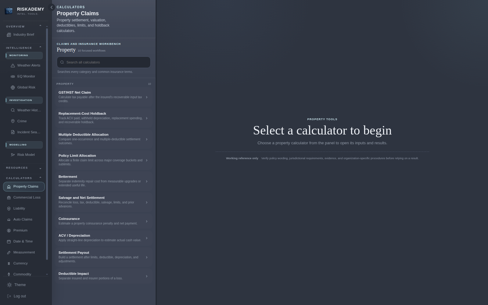 Riskademy claims calculator catalogue