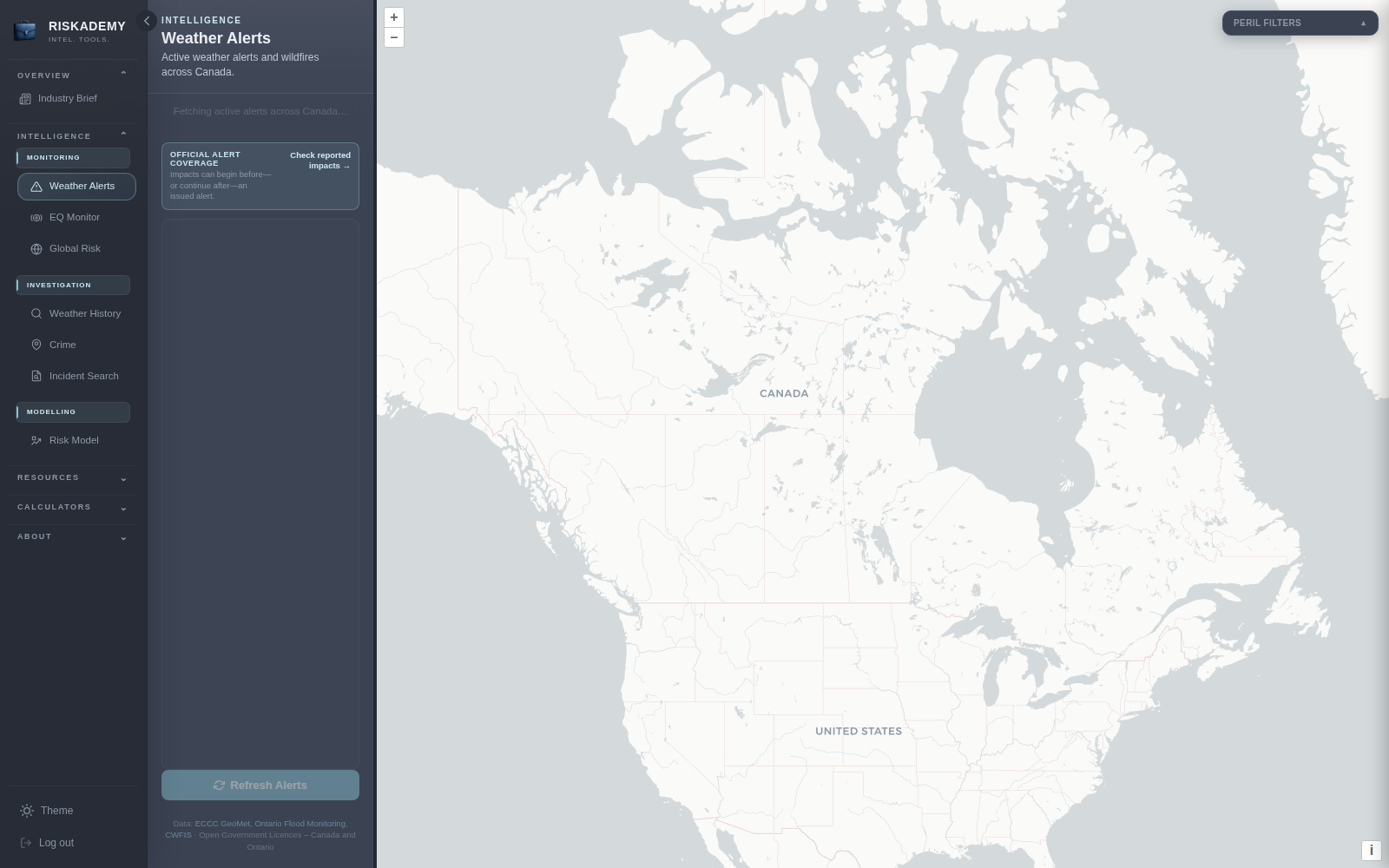 Weather Alerts map and active event controls