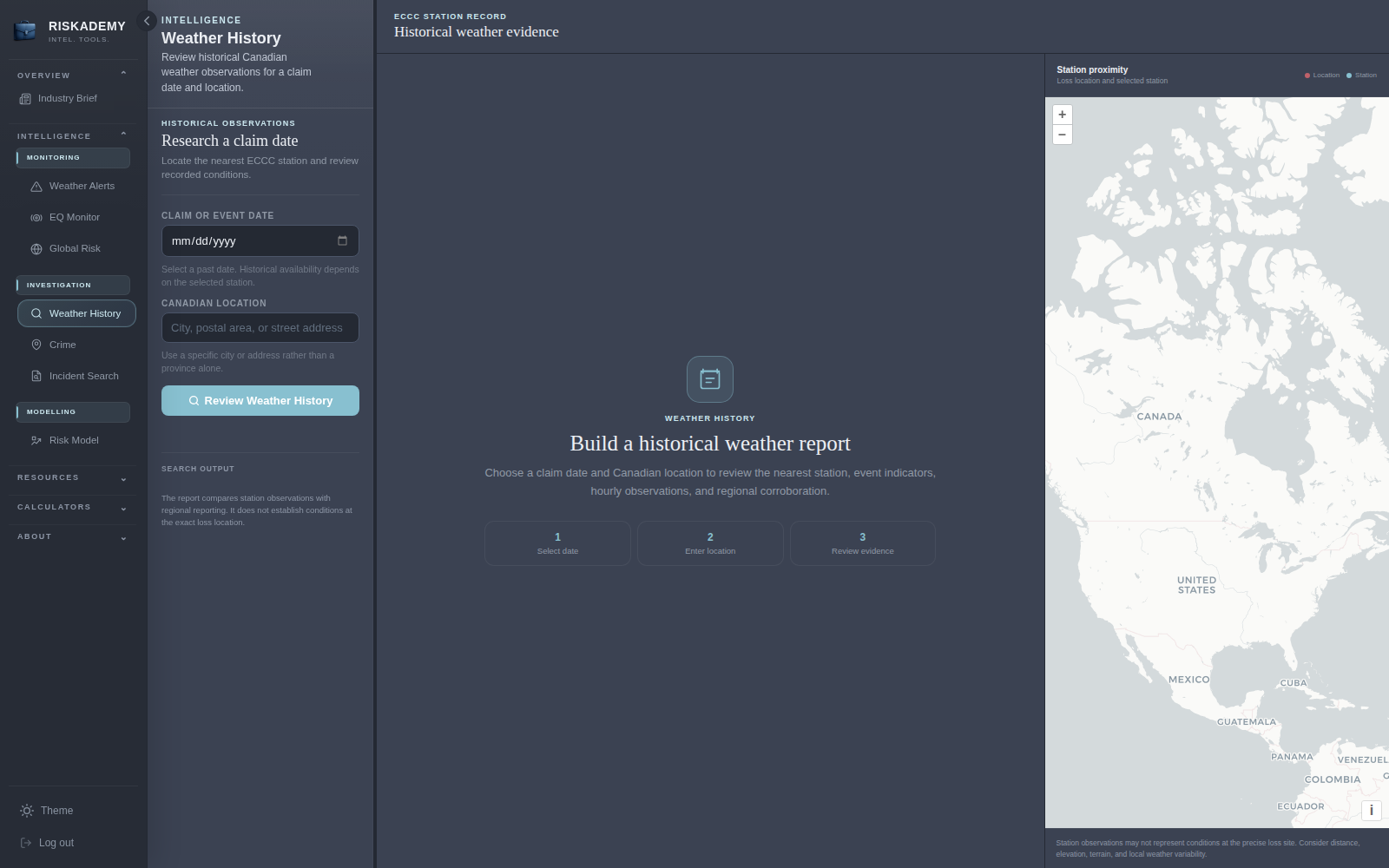 Weather History workspace with location and date research controls